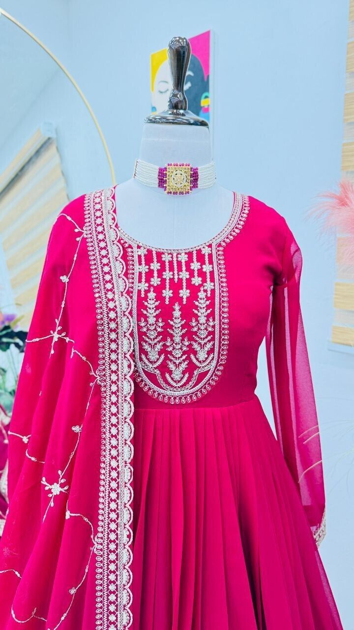 Heavy Fox Georgette Embroidered Anarkali Gown Suit Set Fully Stitched Party Wear