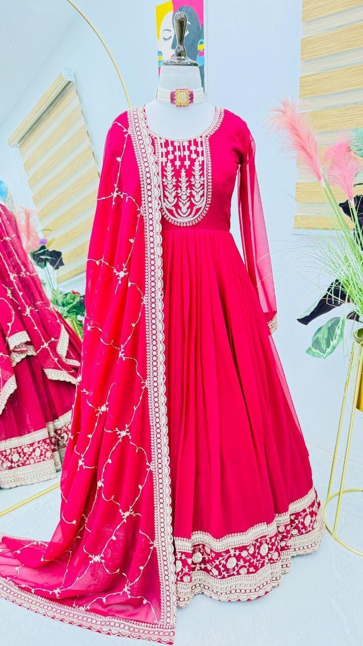 Heavy Fox Georgette Embroidered Anarkali Gown Suit Set Fully Stitched Party Wear
