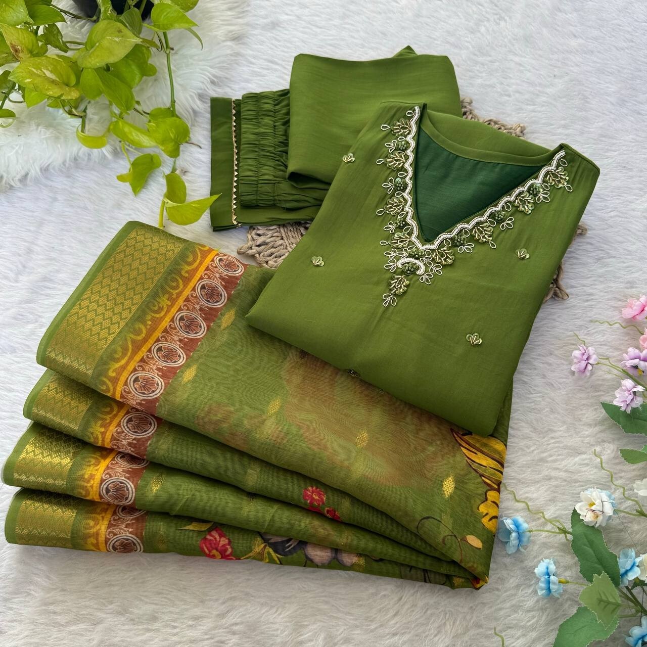 Roman Silk Kurti Pant Dupatta Set – Handwork Detailing Salwar kameez Jacquard