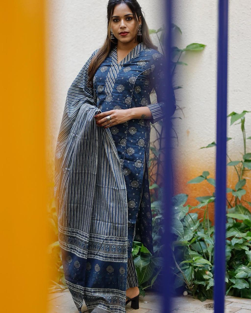 Women Salwar Kameez Elegant Cotton Straight Suit with Handwork – 3-Piece Set