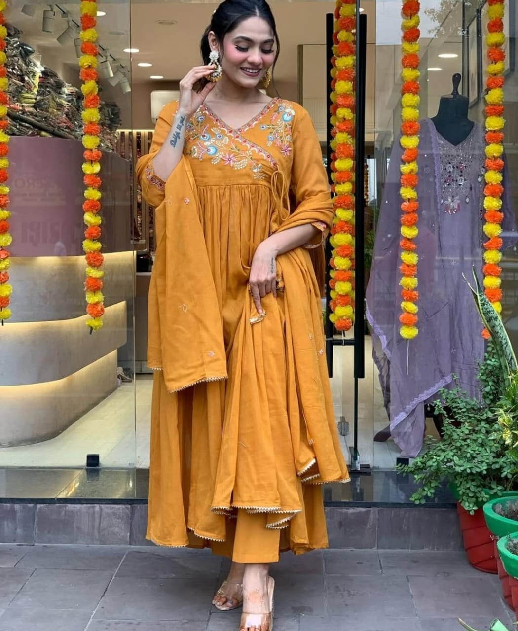 Cotton Designer  ndian Embroidered Anarkali Gown Pant with Dupatta Set