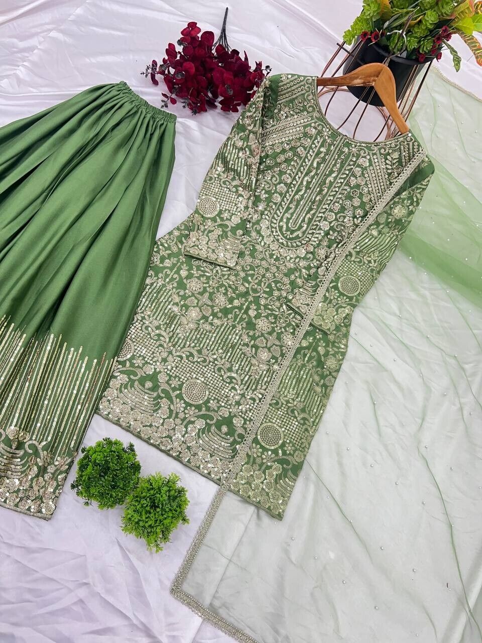 Indian Green Chinnon Silk Sharara Palazzo Salwar Kameez Set with Net Dupatta