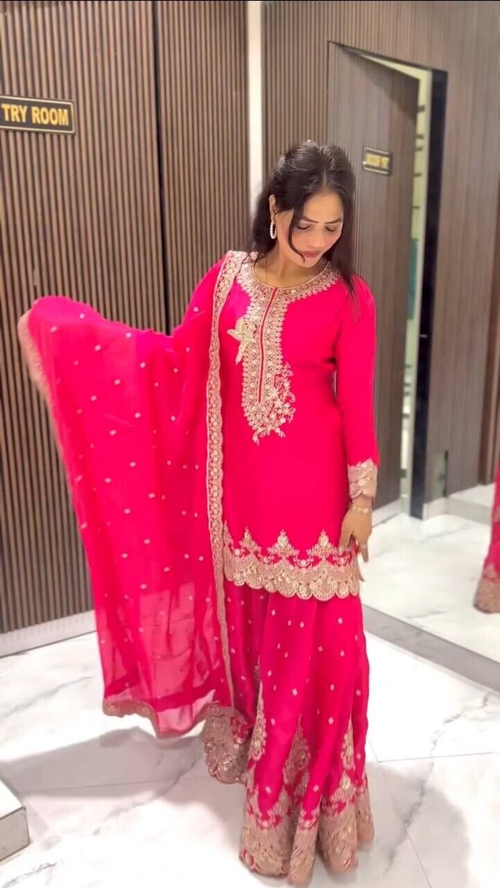 Pink Pakistani Sharara Dress with Embroidered Sequins in Faux Georgette Readymad
