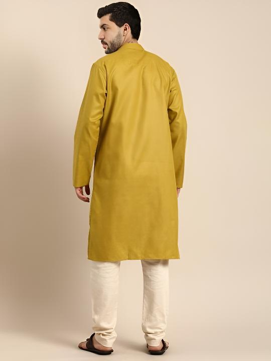 Indian Party Wear Pure Cotton Men’s long  Shirt Kurta Pajama Kurta Mustard Y