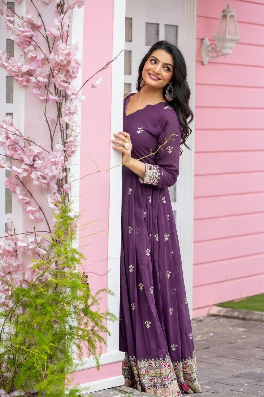 Georgette Pakistani Anarkali Gown Salwar Kameez Set with Embroidered Net