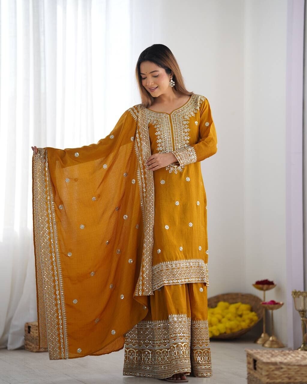 Chinnon Silk Punjabi Sharara Palazzo Salwar Kameez Set with Lace Border Dupatta