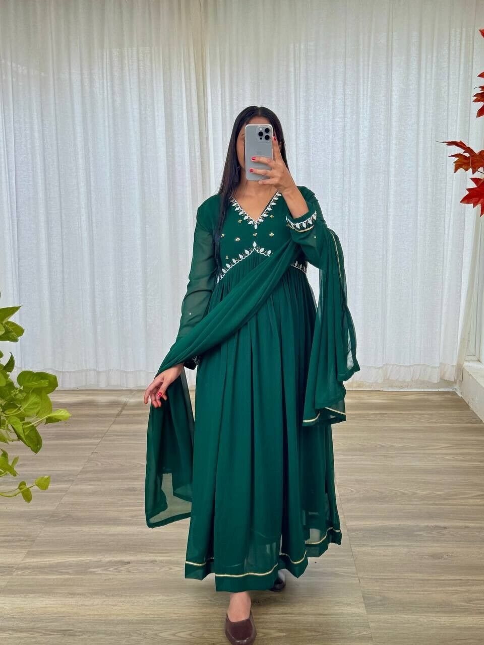 Solid Green Mehendi Outfit Women Indian Pakistani Anarkali Gown Set Georgette