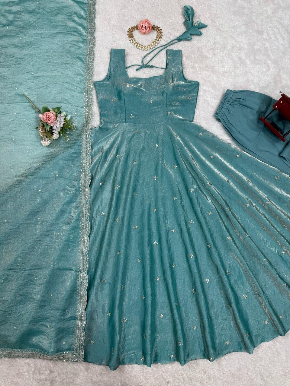 Anarkali Silk Gown Set with Thread & Sequin Work – Fully Stitched Ensemble