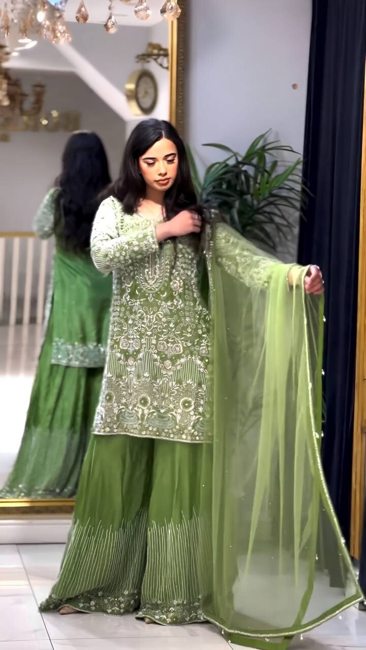 Indian Green Chinnon Silk Sharara Palazzo Salwar Kameez Set with Net Dupatta