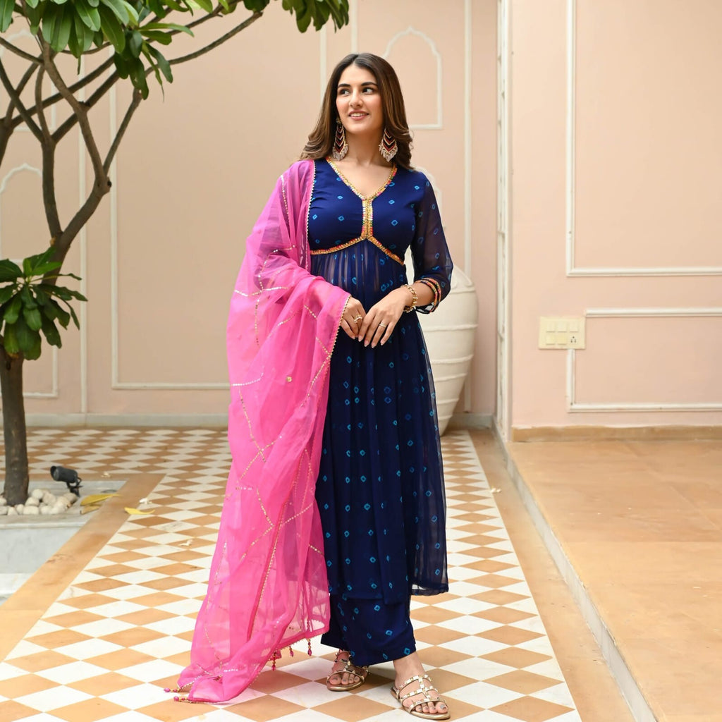 Bollywood Blue Anarkali Suit Set with Dupatta Graceful Indian Ethnic Wear Cotton