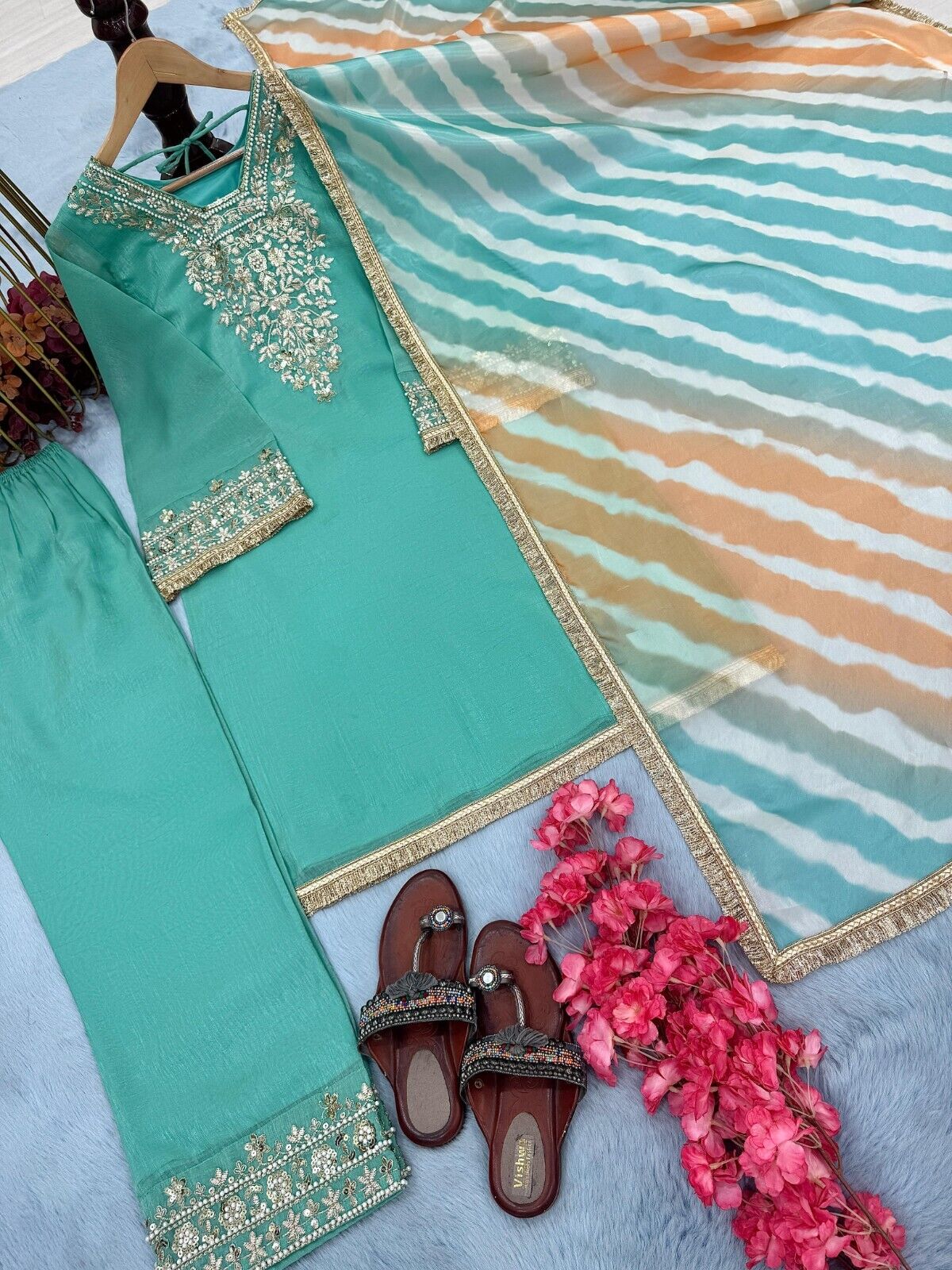 Pure Crunchy Silk Embroidered Party Wear Suit with Sharara & Dupatta