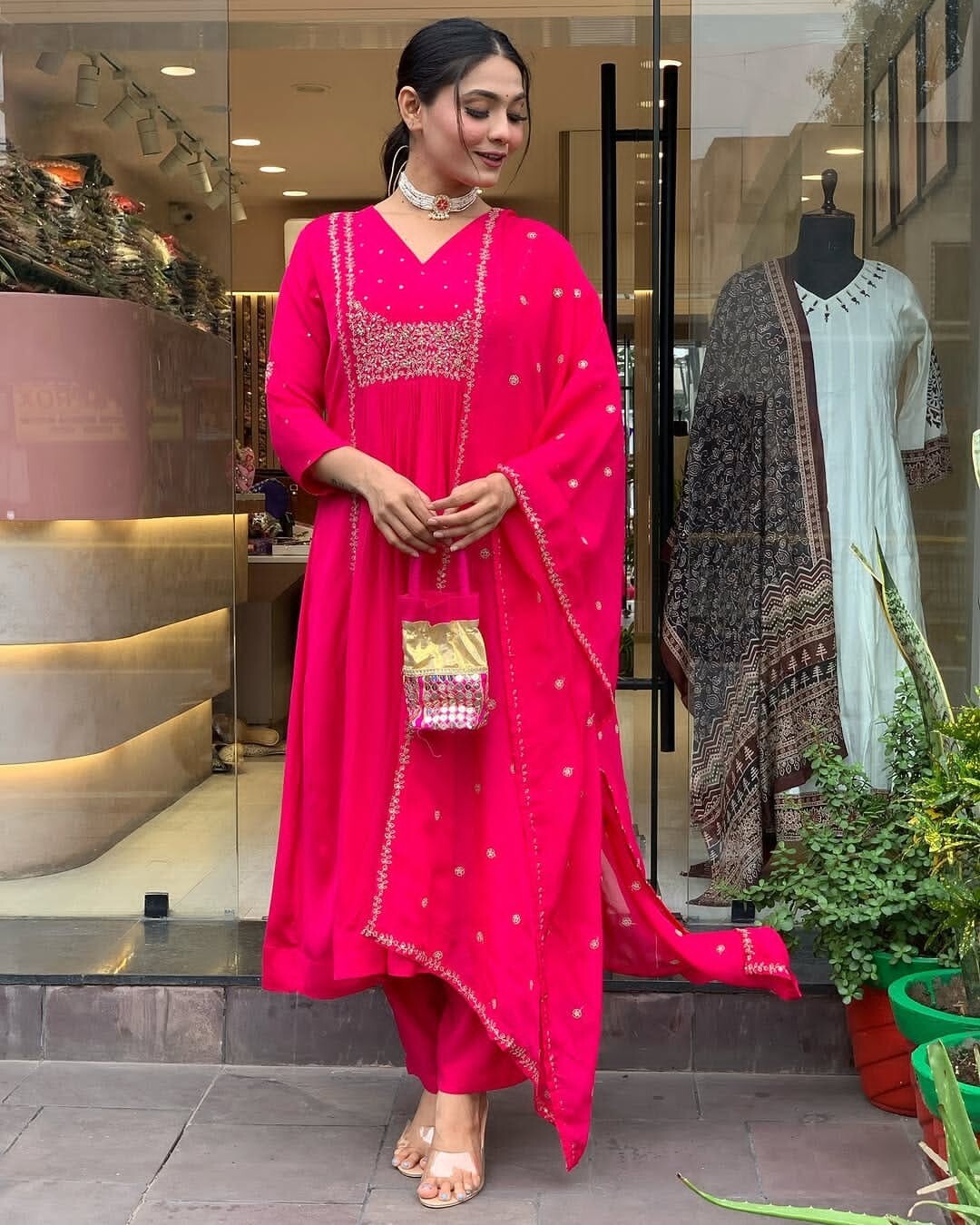 New Women Indian Anarkali Flared Gown Cotton Pakistani Wear Kurti 3PC Suit