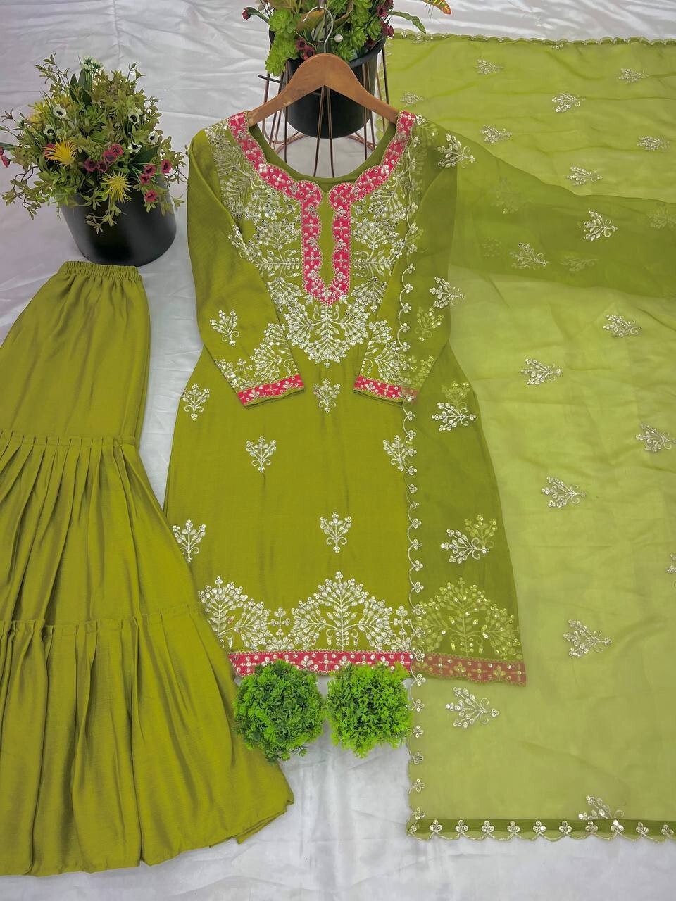 Indian Bollywood Wedding Designer Green Sharara Suit with Heavy Embroidery