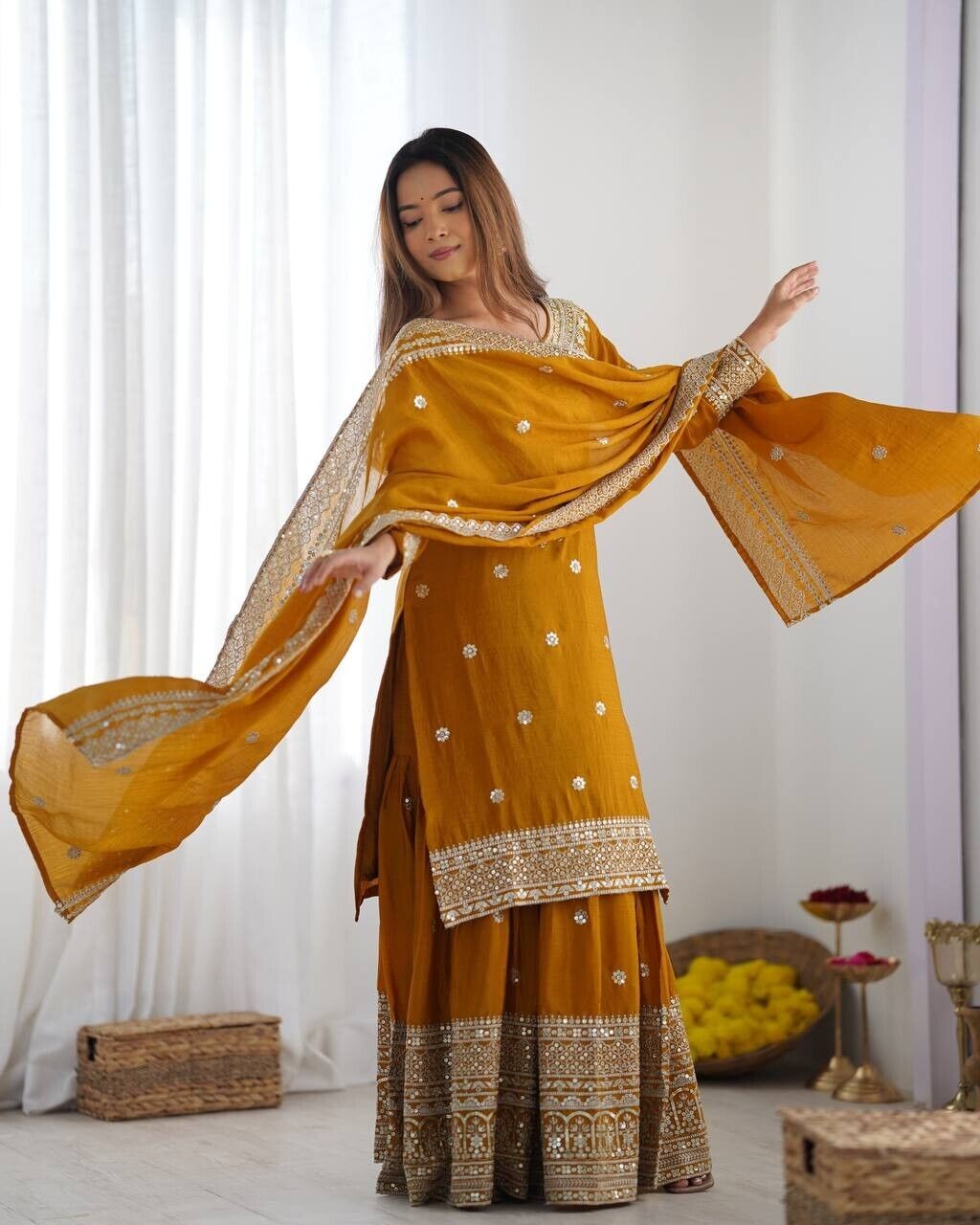 Chinnon Silk Punjabi Sharara Palazzo Salwar Kameez Set with Lace Border Dupatta