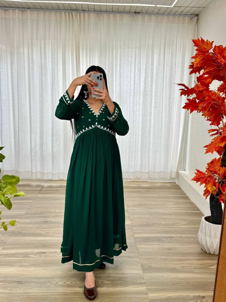 Solid Green Mehendi Outfit Women Indian Pakistani Anarkali Gown Set Georgette