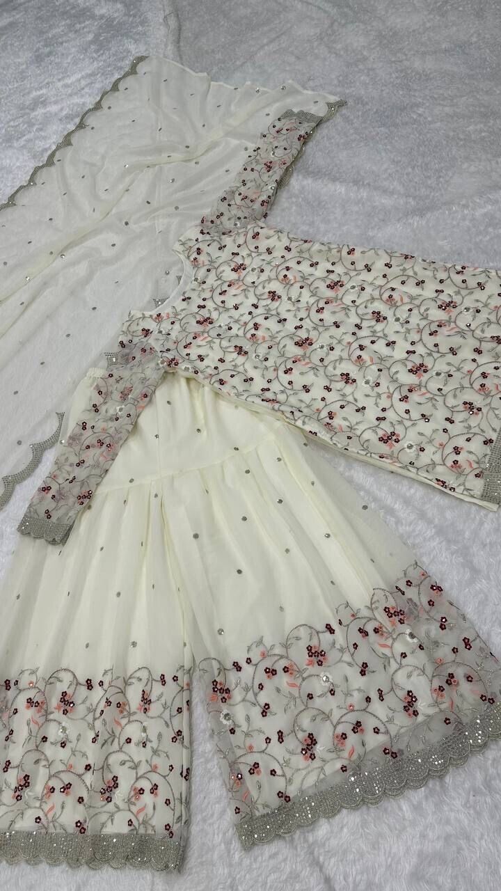 White Wedding Sharara Suit  for Women, Readymade , Embroidered  3 Pc Georgette