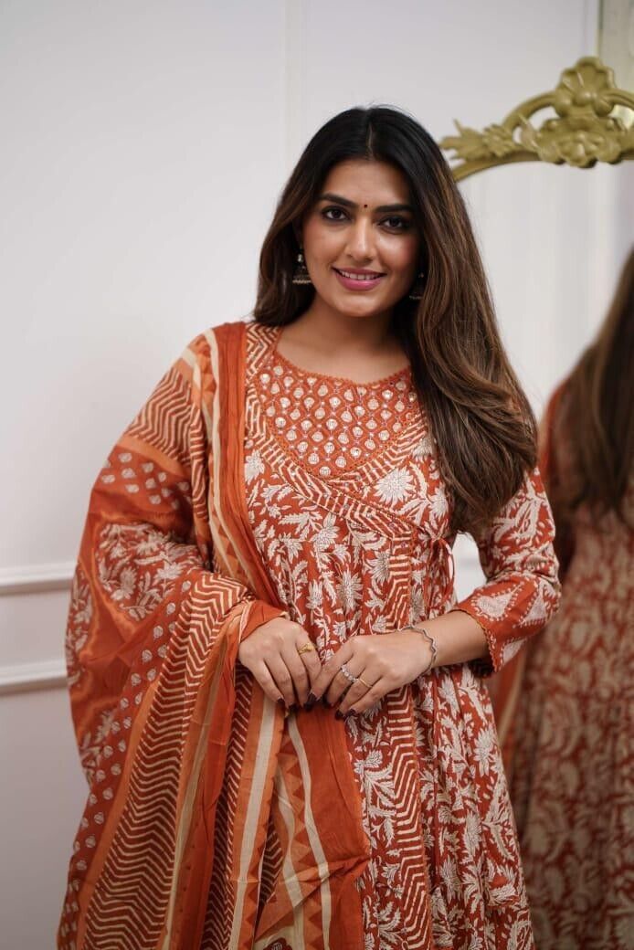 Printed Floral Cotton Anarkali Gown Suit – Bollywood Style Ethnic Wedding Dress