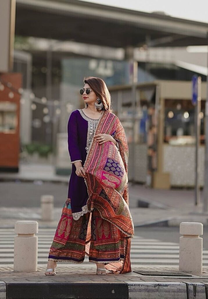 Elegant Chinon Silk Embroidered Sharara  Palazzo Suit Set – Party Wear Ensemble
