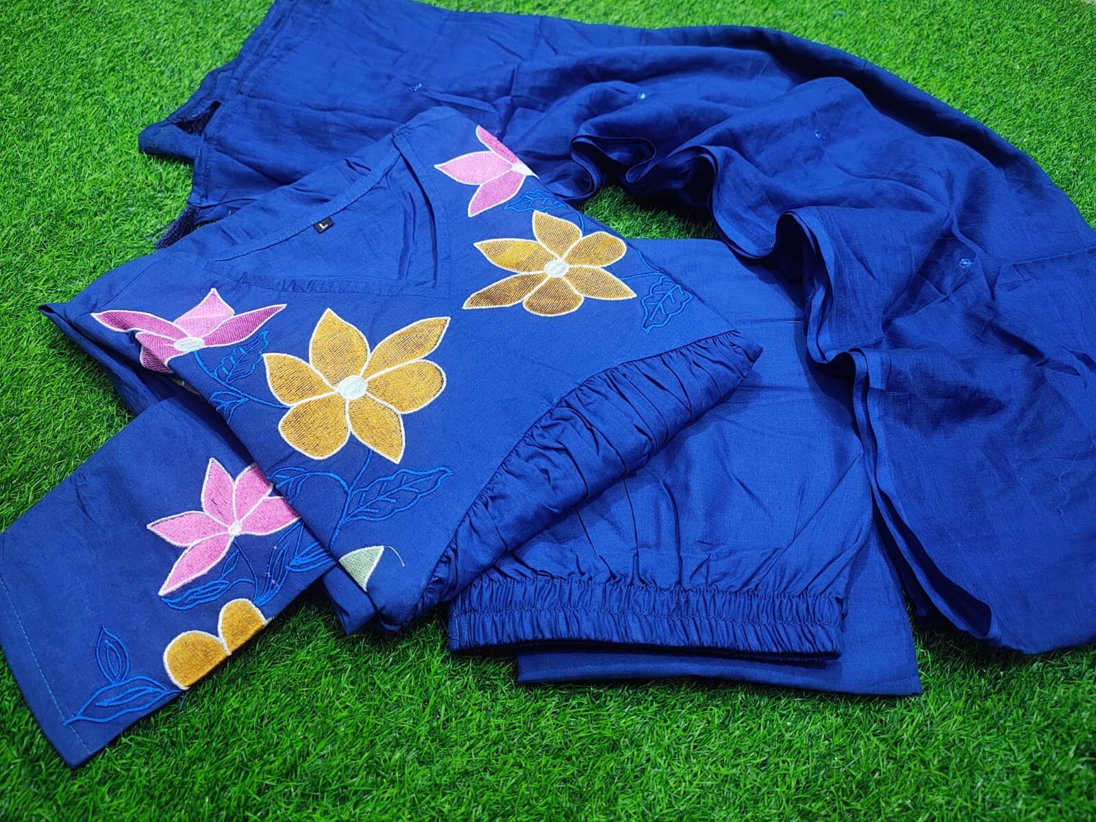 Blue Cotton Anarkali Flared gown full length Kurta Set with Malmal Dupatta