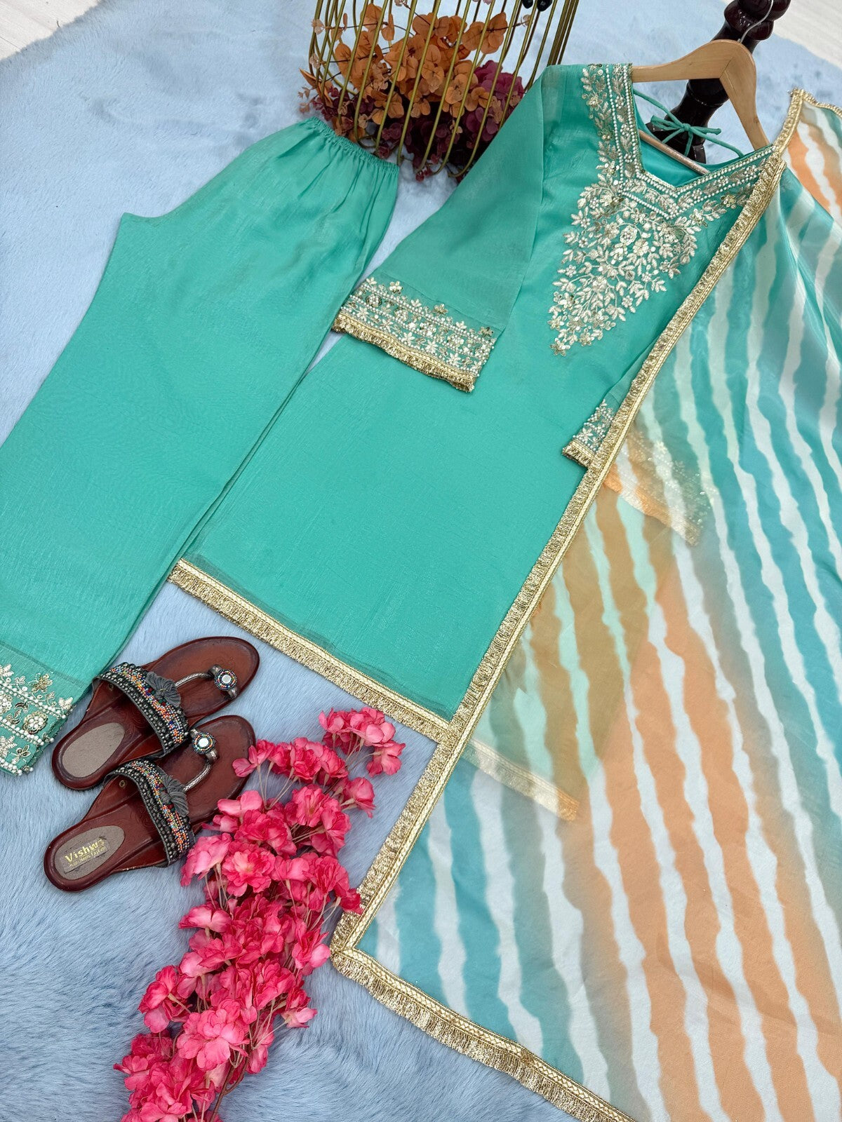 Pure Crunchy Silk Embroidered Party Wear Suit with Sharara & Dupatta
