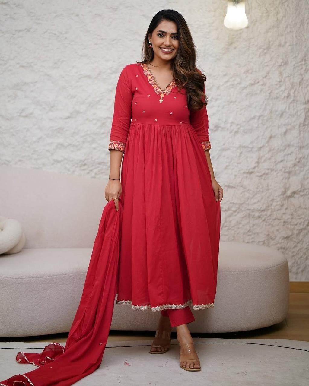 Indian Women Red Cotton Floral Printed Anarkali Flared Kurta Kurti Long Dress