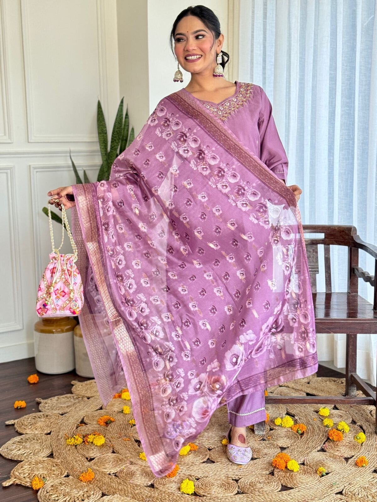Women Elegant Romen Silk Kurta Pant  Chanderi Dupatta Salwar kameez suit