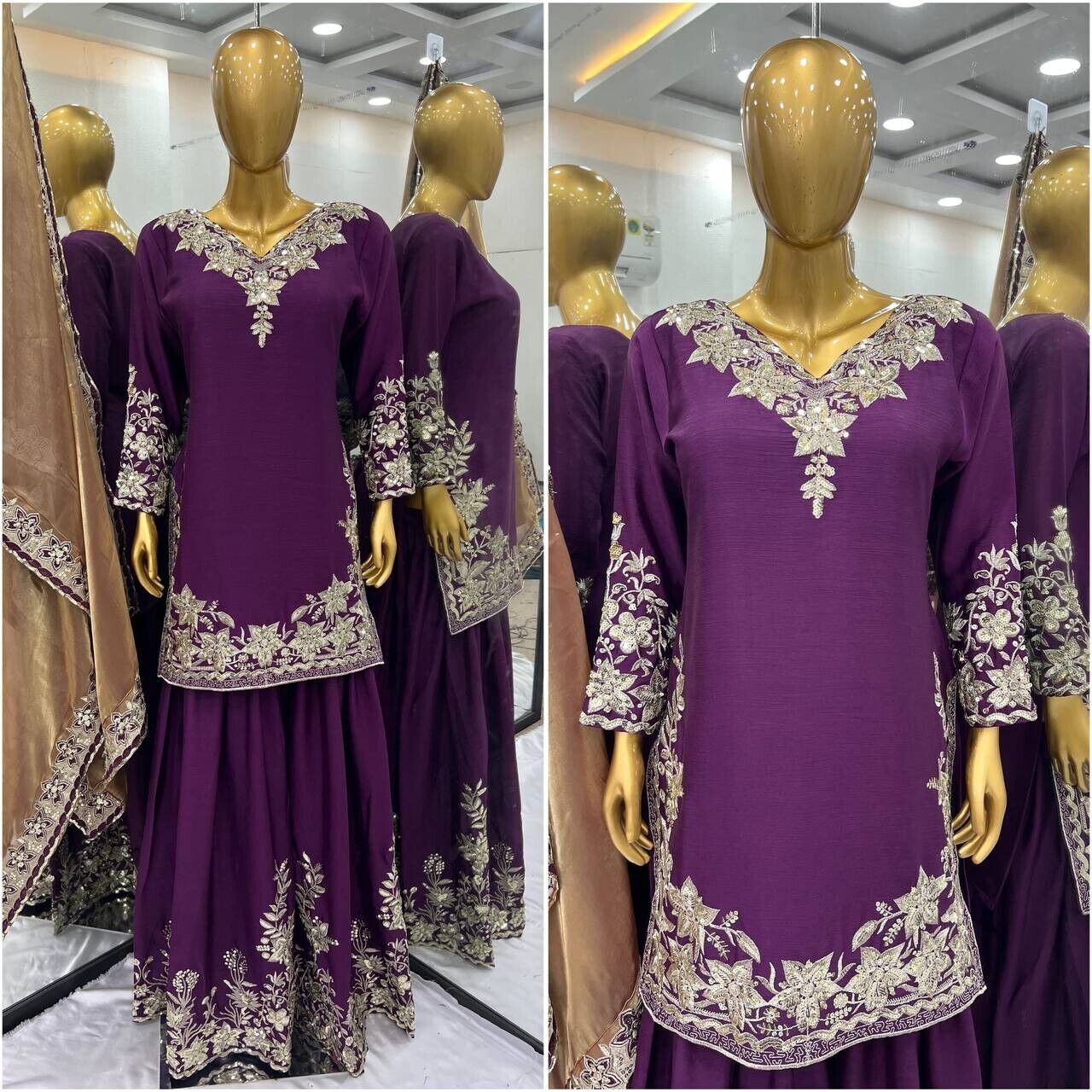 Chinon Silk Embroidered Palazzo Suit Set – Fully Stitched Partywear Sharara