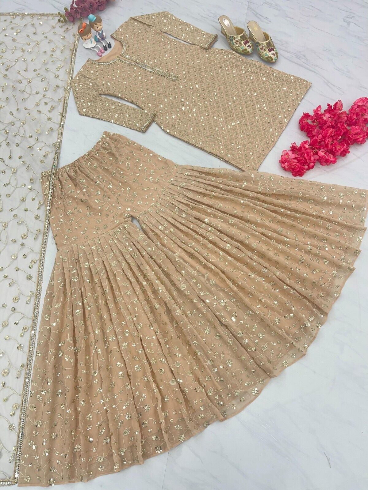 Indian Georgette Sharara Palazzo Kurti Set Readymade Wedding Dress for Girl