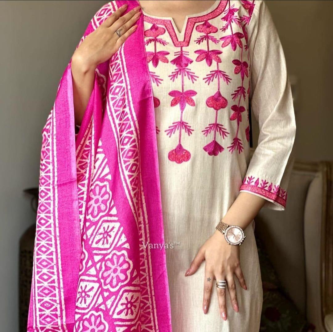 Salwar kameez South Cotton Kurta Set with Khadi Silk Dupatta – Aari Embroiderd