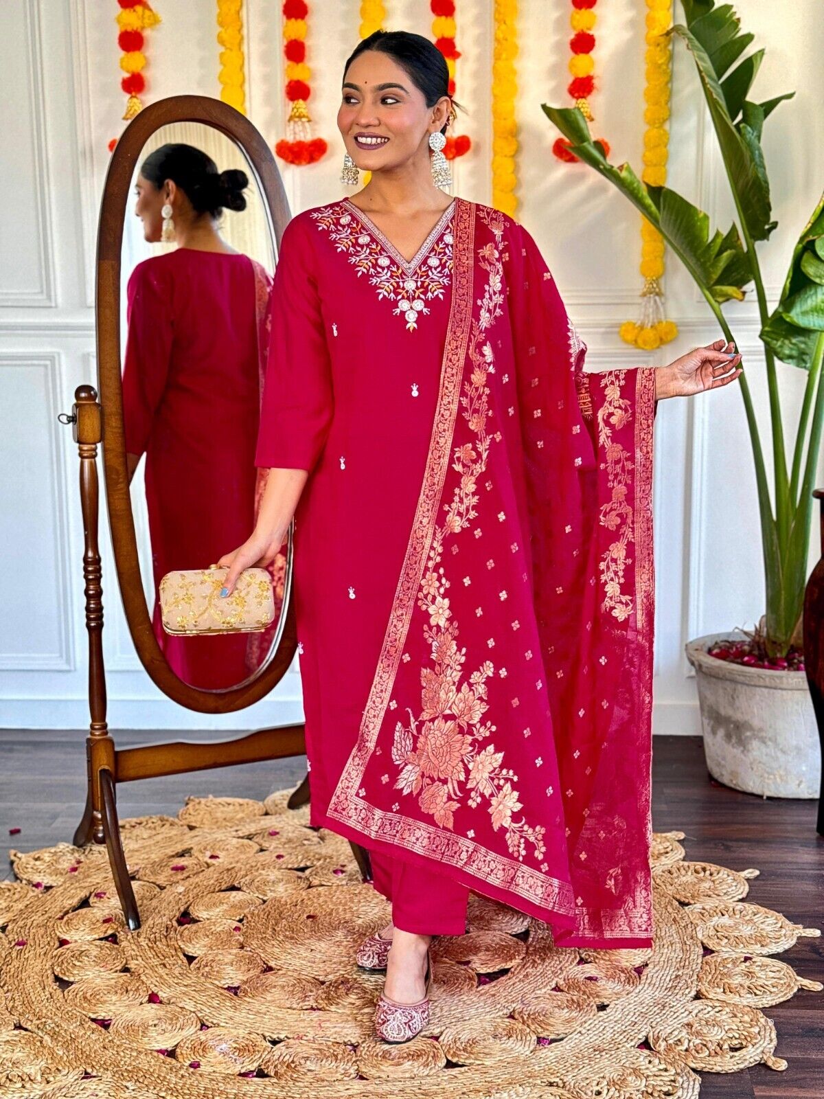 Red Viscose Chanderi Anarkali Salwar Kameez Set with Embroidered Work
