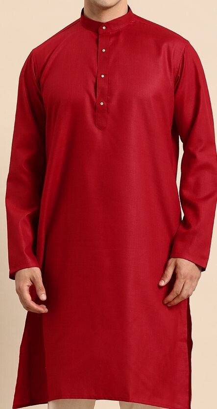 Party Wear Pure Cotton Pakistani Men’s  Shirt Long  Kurta Pajama Pooja Kurta Red