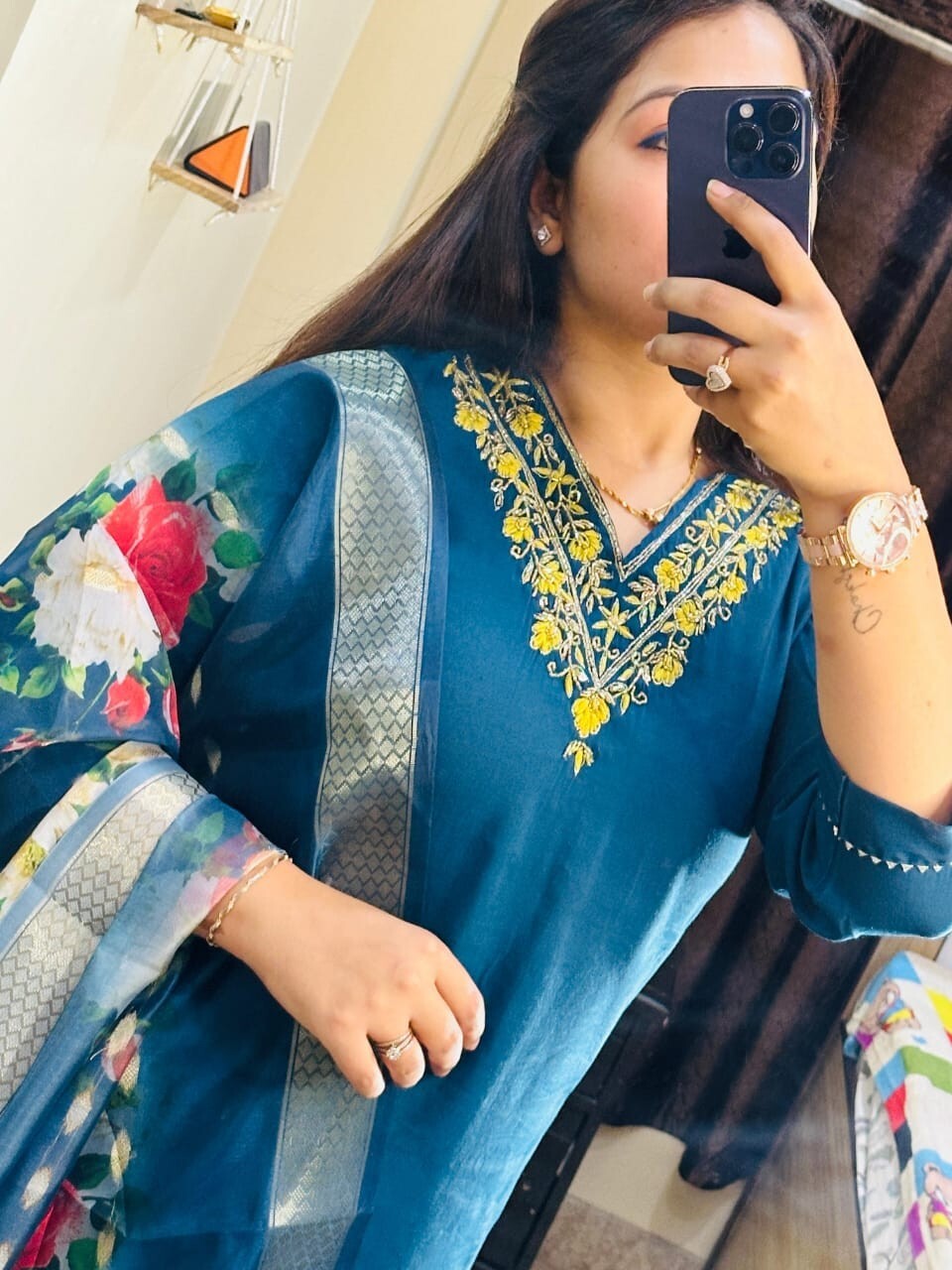 Blue Roman Silk Salwar kameez Pant Dupatta Set – Fully Stitched Festival Wear