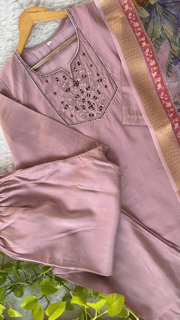 Roman Silk Salwar Kameez Set with Chanderi Dupatta – Hand Embroidered 3-Piece