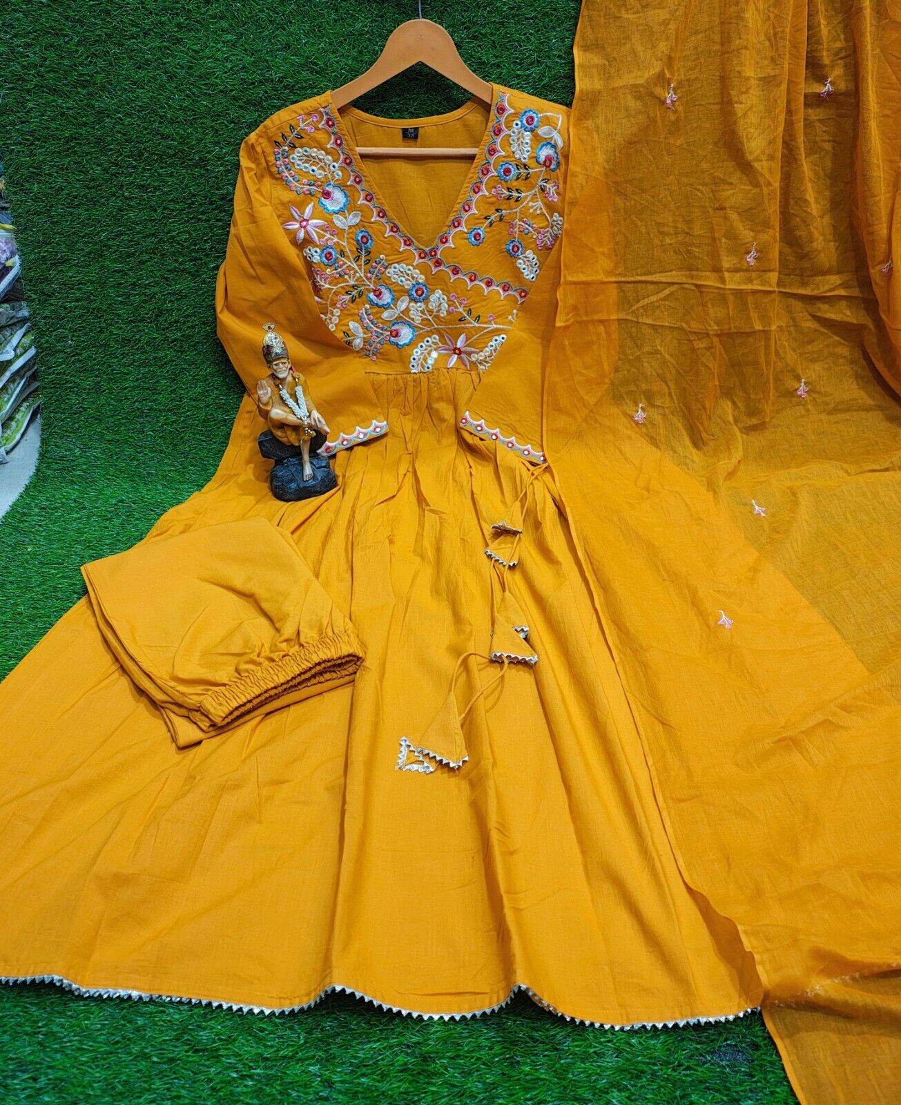 Cotton Designer  ndian Embroidered Anarkali Gown Pant with Dupatta Set