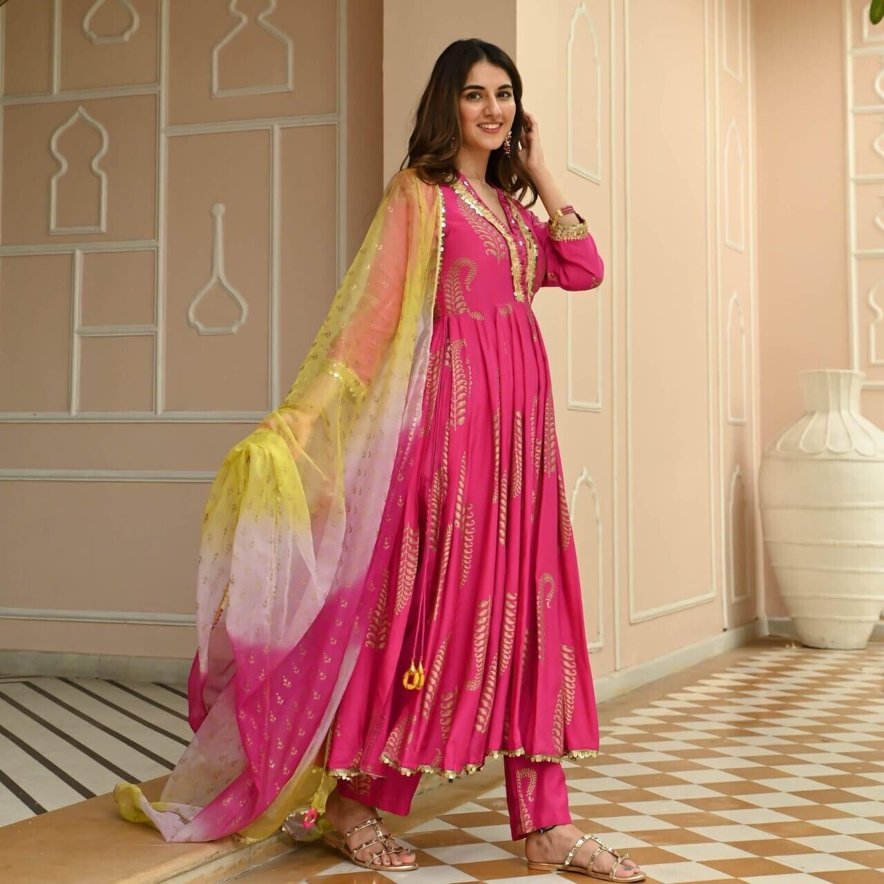 Rayon Women Flared Anarkali Gown & Pant Suit – Pakistani Style Party Wear