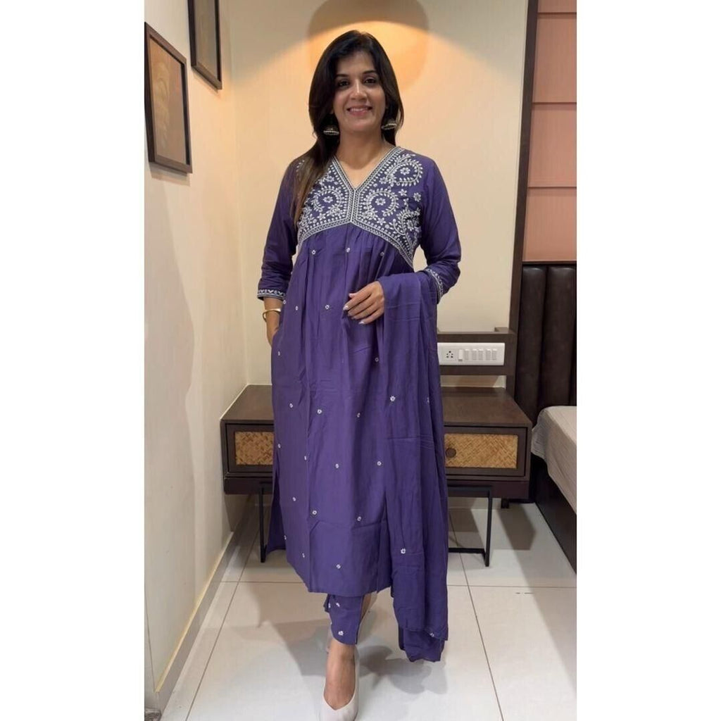 Embroidered cotton  Flared Anarkali Glown Full Length  Kurta,suit 3Pc Set indian