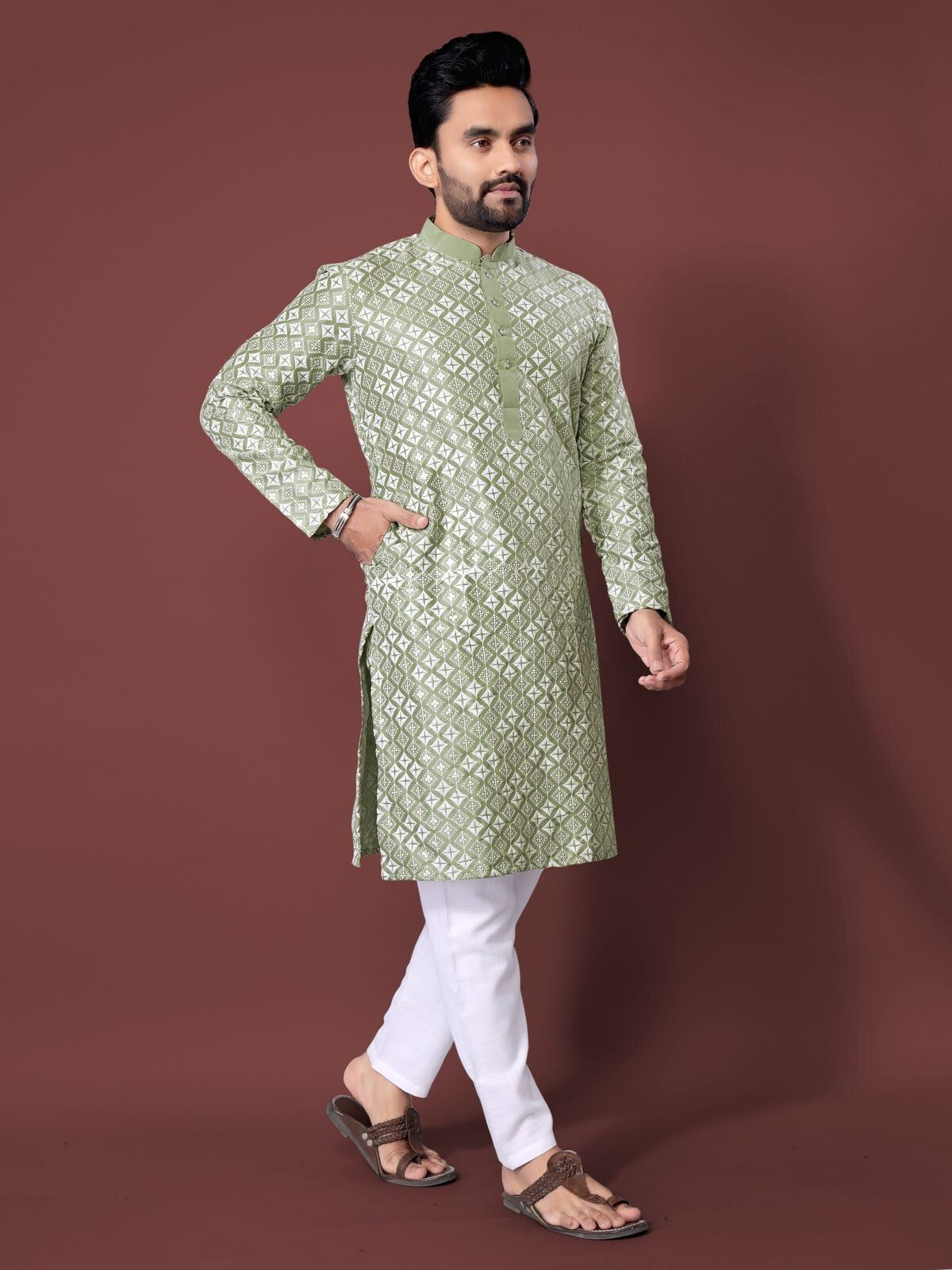 Traditional Men's Wedding Kurta Long Embroidery & Cotton Pajama - Silk Bandhani