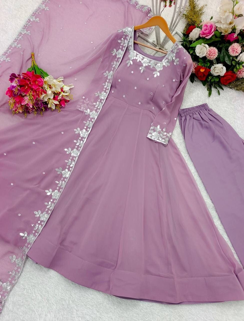 Indian Women Lavender Georgette Anarkali Flared Long Gown Dress Kurti Tunic