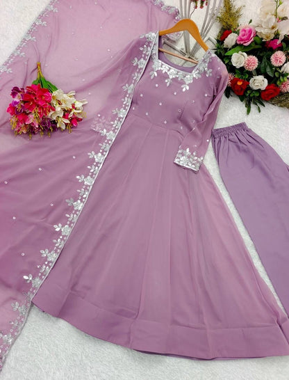 Indian Women Lavender Georgette Anarkali Flared Long Gown Dress Kurti Tunic