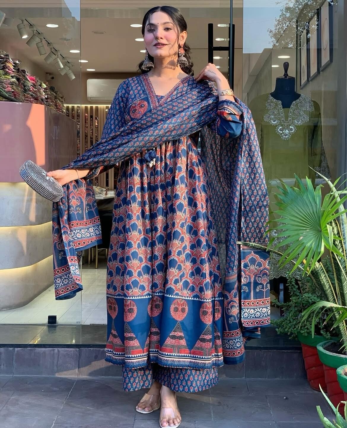 Women’s Blue Rayon Printed Anarkali Gown Set – Kurti, Pant & Dupatta (3-Piece Se