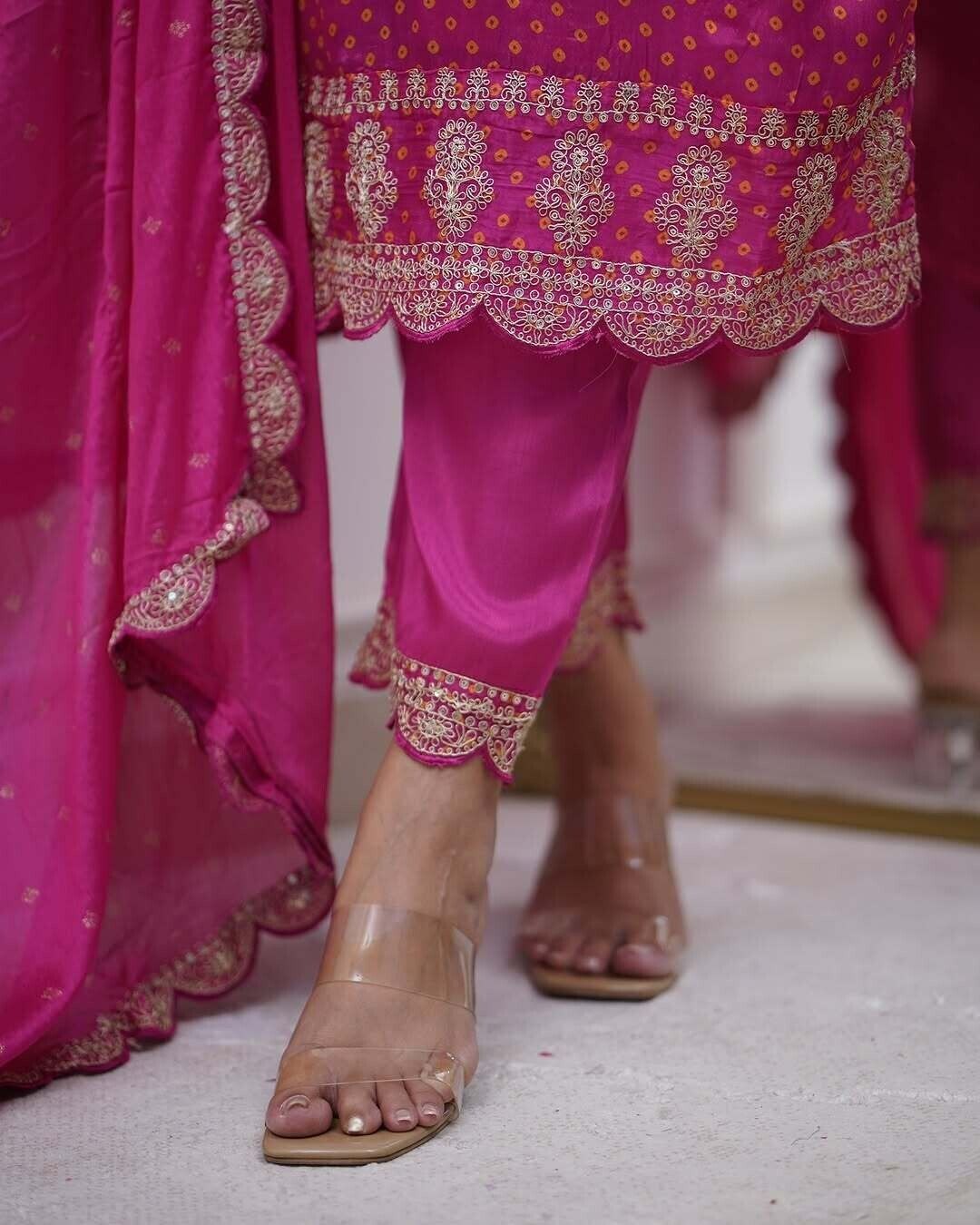 Chinon Silk Pakistani Pink Salwar Kameez Readymade Indian Wedding Partywear 3PC