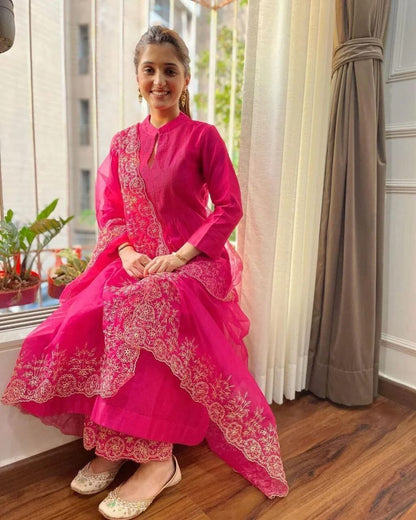 Party Heavy Chanderi Readymade Pink Salwar Kameez With Printed Organza Dupatta