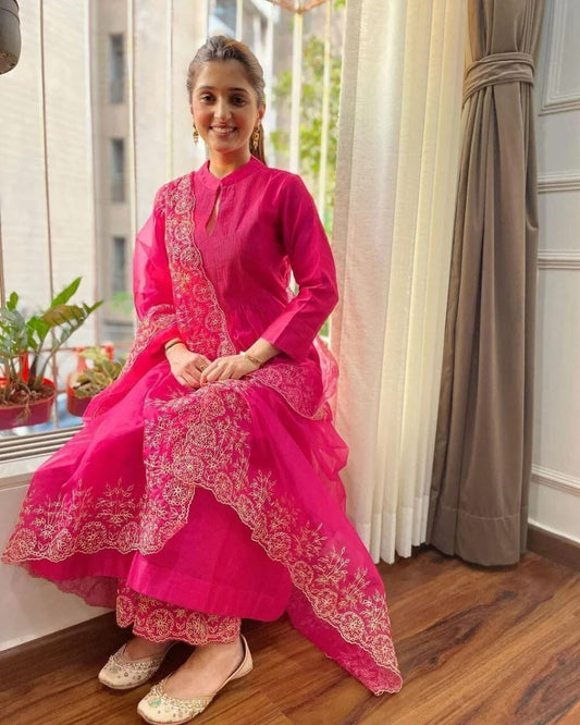 Party Heavy Chanderi Readymade Pink Salwar Kameez With Printed Organza Dupatta