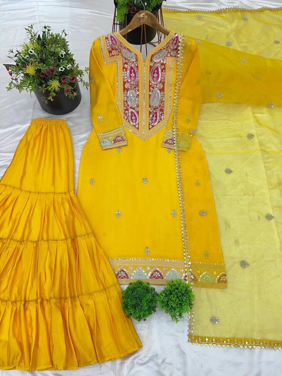 Pakistani Yellow  Embroidered Sequins Chinon Silk Gharara Dress , sharara suit