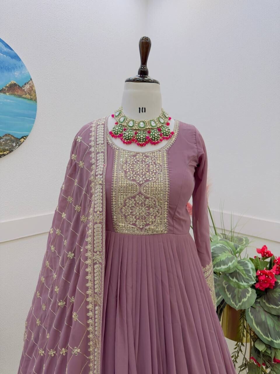 Georgette Embroidered Flared Anarkali Gown Dupatta – Fully Stitched  Ensemble
