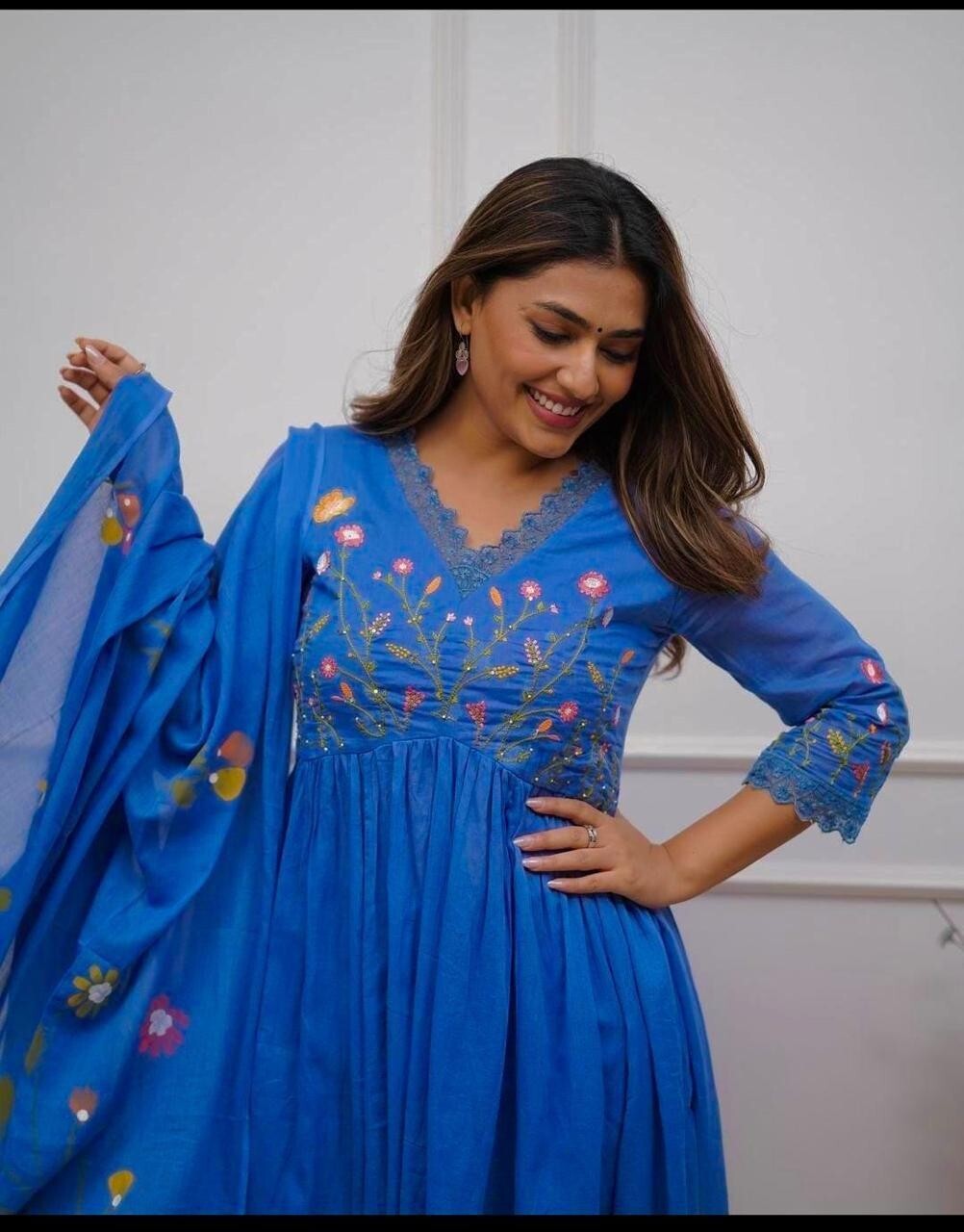 Flared Anarkali gown Kurta  Cotton with Embroidered Neckline & Printed