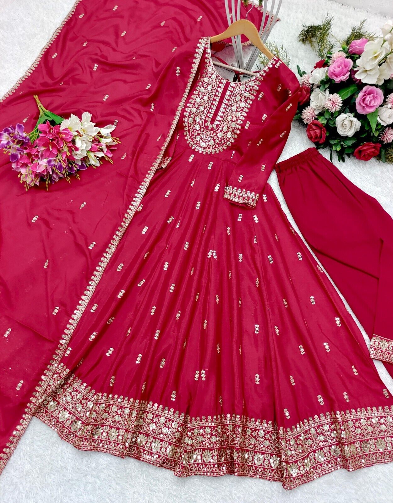 Chinon silk red Flared Anarkali Gown , Full Length Suit With Pant duppatta