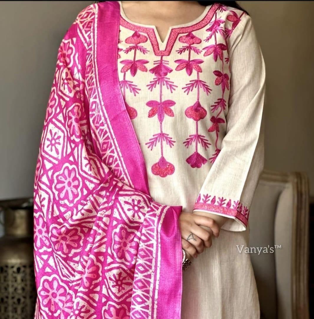 Salwar kameez South Cotton Kurta Set with Khadi Silk Dupatta – Aari Embroiderd