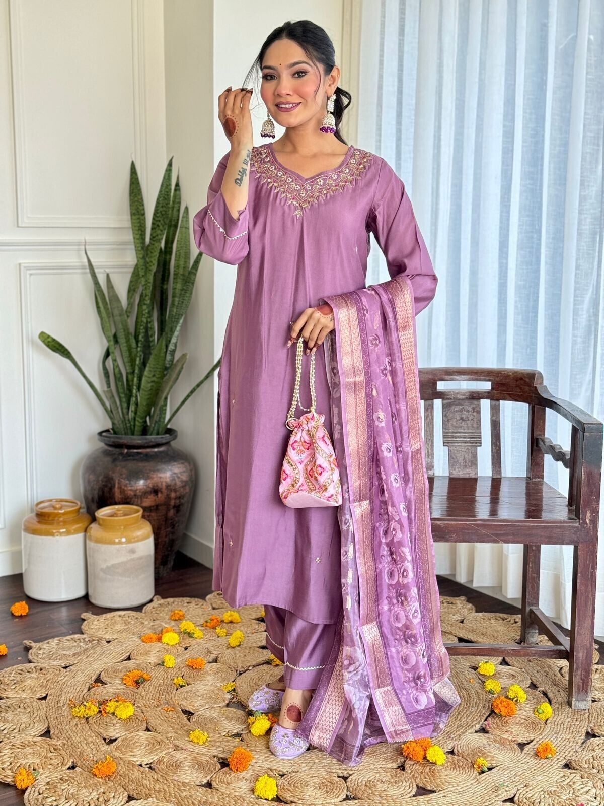 Women Elegant Romen Silk Kurta Pant  Chanderi Dupatta Salwar kameez suit