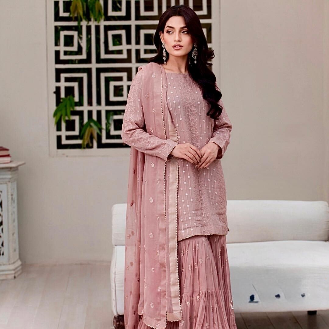 Embroidered Georgette Sharara Palazzo Salwar Kameez Set with Embroidered Dupatta